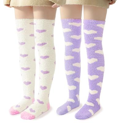 Littleforbig Cute Coral Fleece Knee-High Socks [Heart Pattern] Fluffy Stockings, Set of 2, White-Purple & Purple-White