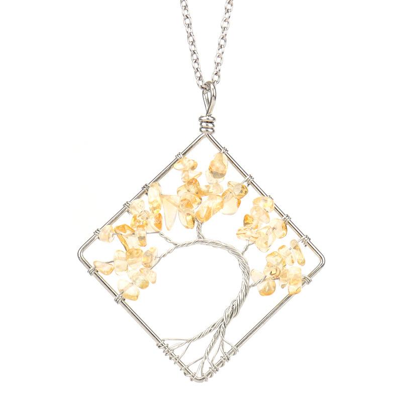 Wrapped Colorful Natural Stone Crystal Square Curved Tree Of Life Pendant Necklace N08 Fresh And Sweet