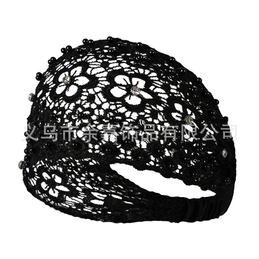 

Elegant Women Hollow Headband Flower Pattern Shiny Rhinestones Faux Pearls Hair Band High Elastic Wide Hair Hijabs Holder