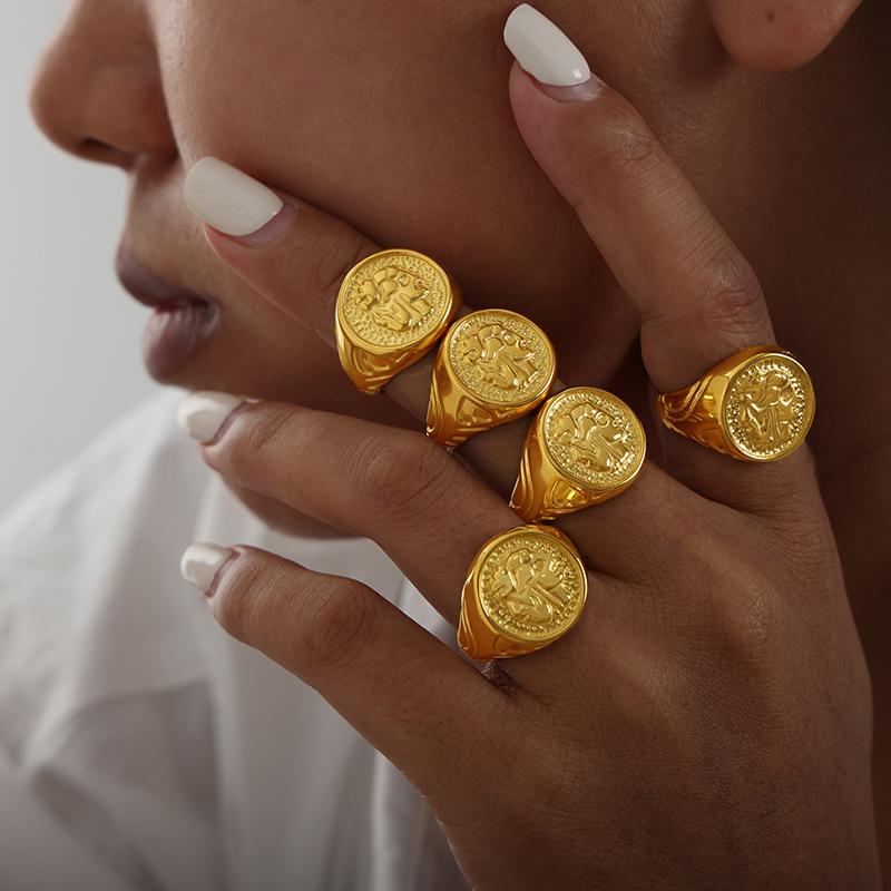 Vintage Embossed Pattern Rings In Stainless Steel With 18k Gold Plated No Tarnish Waterproof Ring For Women