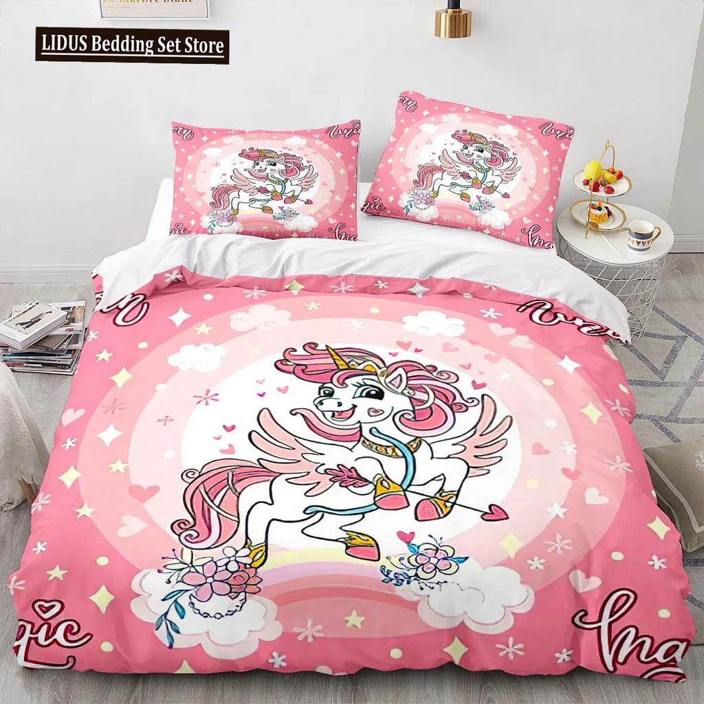 Cartoon Unicorn Duvet Cover King Queen Lovely White Mythical Animal Bedding Set Kids Girl Colorful Rainbow Polyester Quilt Cover