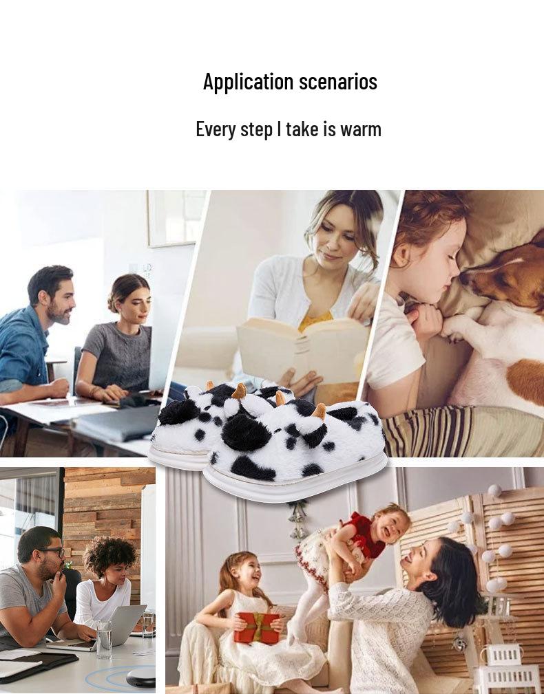 Cartoon Cow Furry Slippers with Thickened Heel, Warm Non-Slip Indoor Winter Clogs