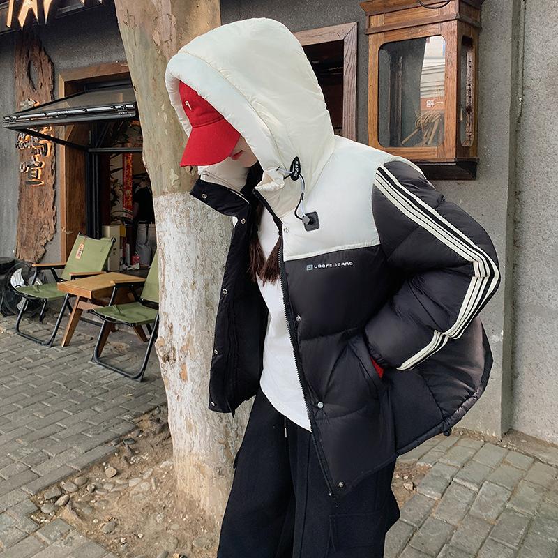 Spliced contrasting hooded cotton clothes for women in 2025 winter new loose thickened warm jacket bread jacket
