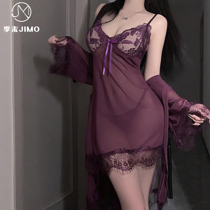 Sexy lingerie sexy female lace suspender mesh seduction dream purple bathrobe set