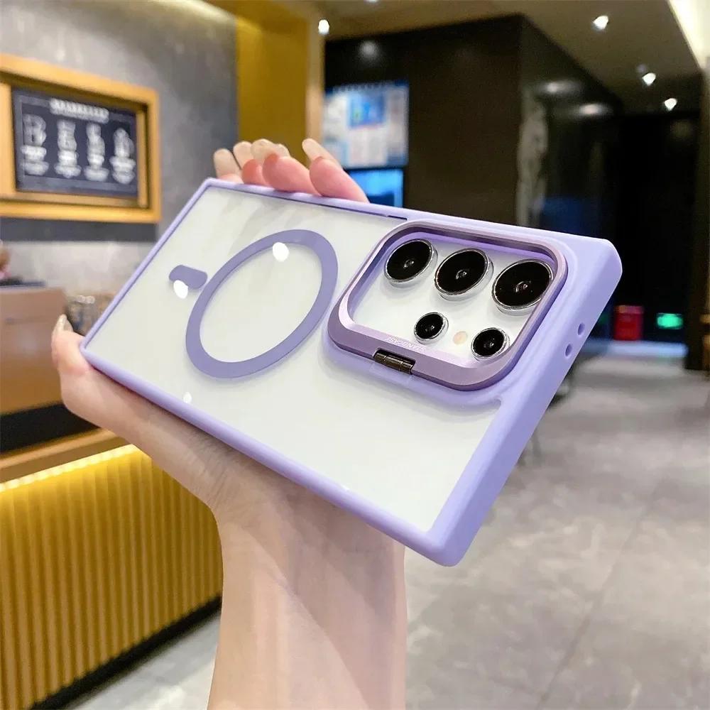 Magnetic Lens Protector Stand Phone Case For Samsung S25 S24 S23 S22 Ultra Plus FE Clear Magsafe Wireless Charge Hard Back Cover