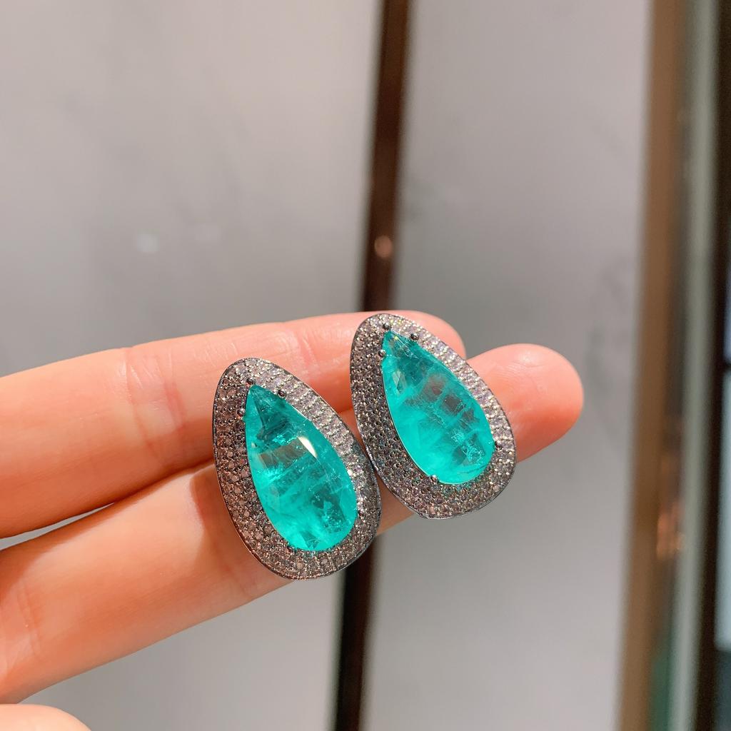Jewelry Colored Treasure Simulation Paraiba, Neon Green, Stud Earrings Main Stone 10 * 20 Pendant 10 * 20