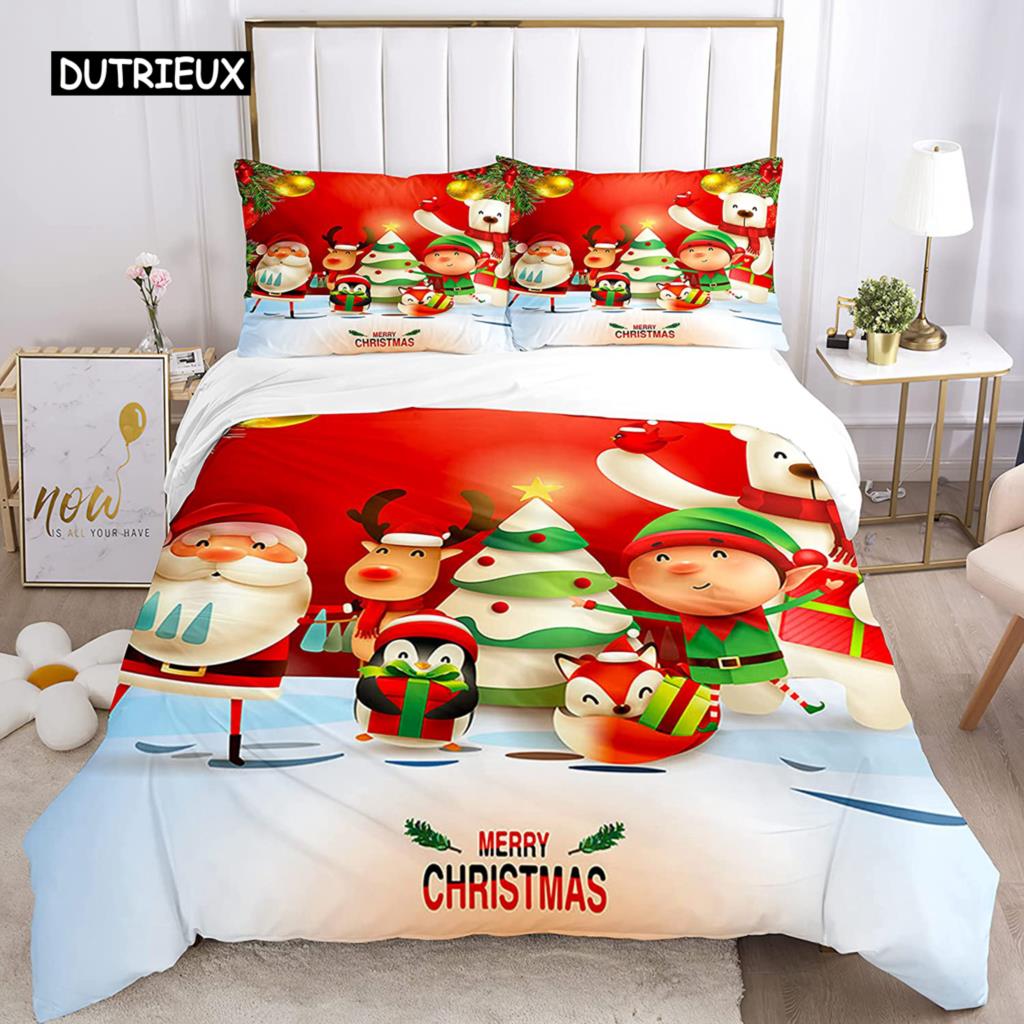Merry Christmas Bedding Duvet Cover Set,Christmas Trees Snowman and House Pattern Printed Quilt Cover Set Soft Comforter Cover