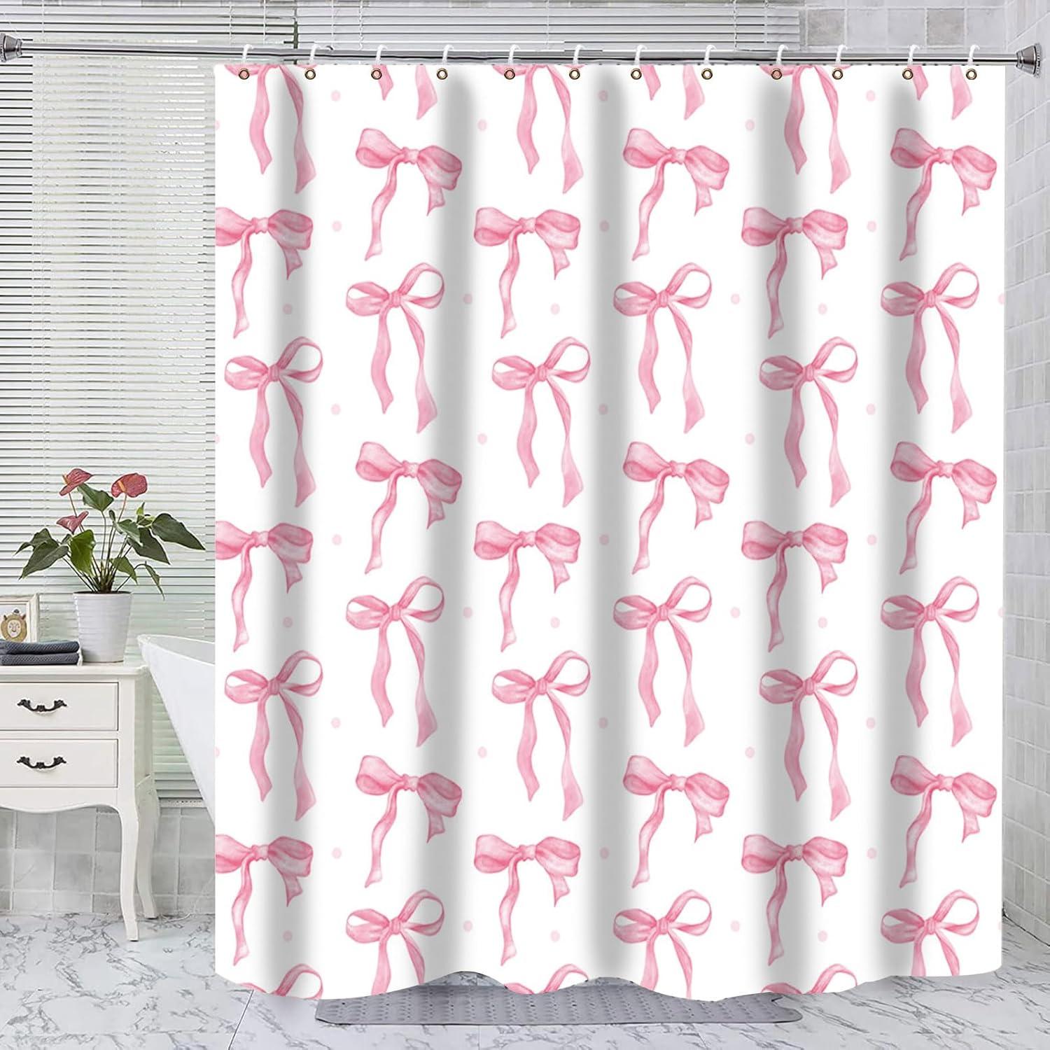 

Cute Shower Curtain Set Pink&Black Bowknot 3D Printed Waterproof Polyester Fabric Bath Curtains Home Bathroom Decor With 12 Hook 1pcs W90xH180cm розовый