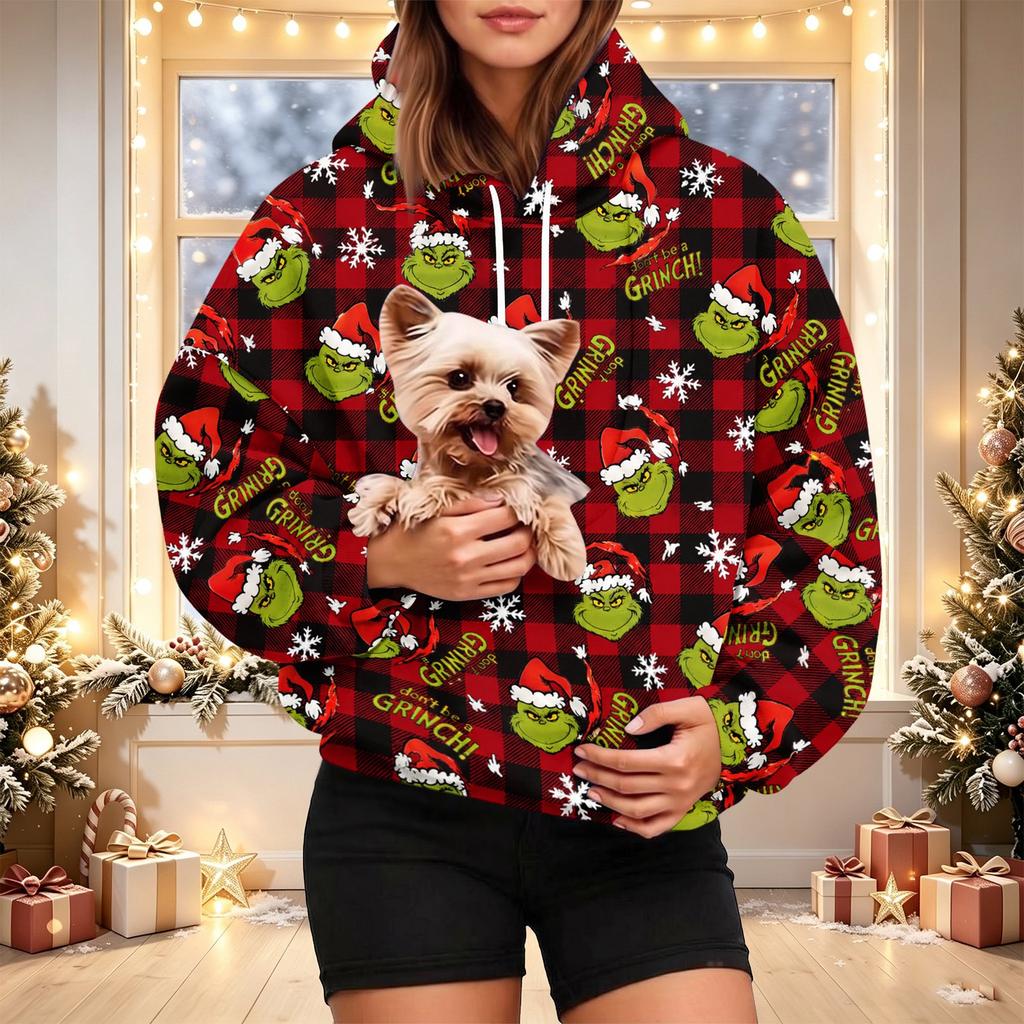 Women's Christmas Print Hoodie with Pet Pocket, Casual Long Sleeve Pullover Sweatshirt