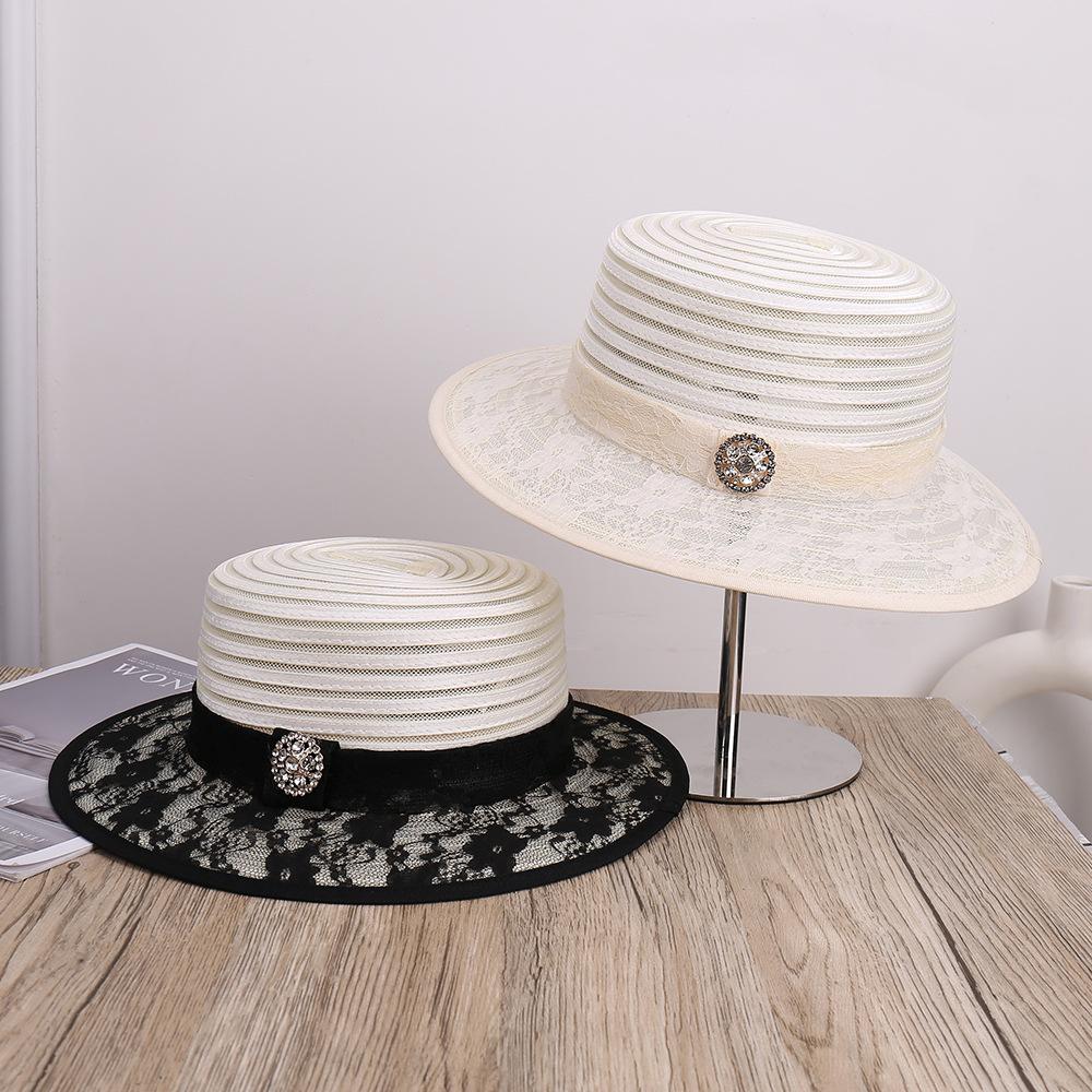 Fashion spring and summer new lace rhinestone webbing decorative mesh gauze hat outdoor travel temperament elegant breathable sun hat