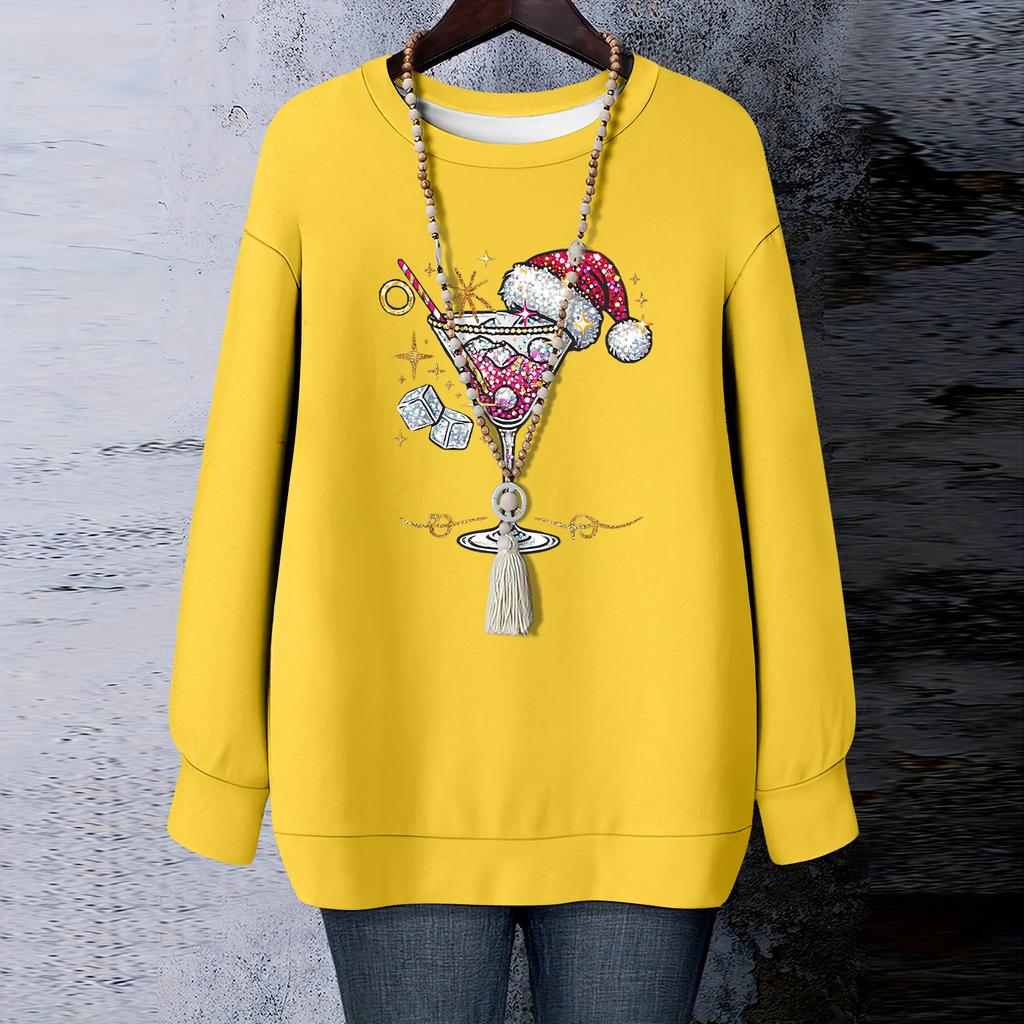 Ladies' Christmas Printed Round Neck Long Sleeved T-shirt Sweatshirt Top