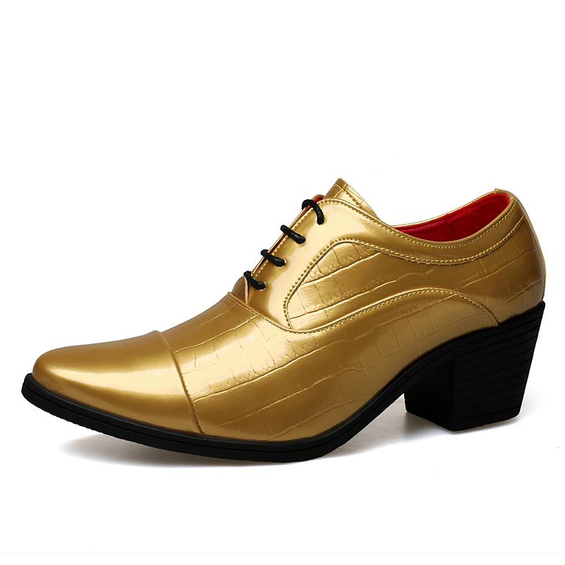 

2025 Роскошные Золотые Туфли на Высоком Каблуке Мужская Мода Деловая Формальная Обувь Мужская Свадебная Обувь Размер 46 Остроносые Кожаные Туфли Мужские 38
