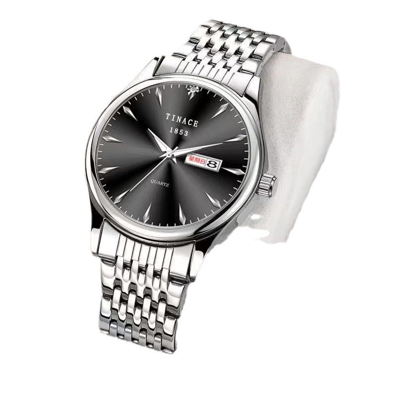 Mechanische Herren-Quarzuhr mit Doppeltem Kalender, Wasserdicht, Leuchtend im Dunkeln, Stahlbanduhr, Geschäftsuhr, Vollautomatisch