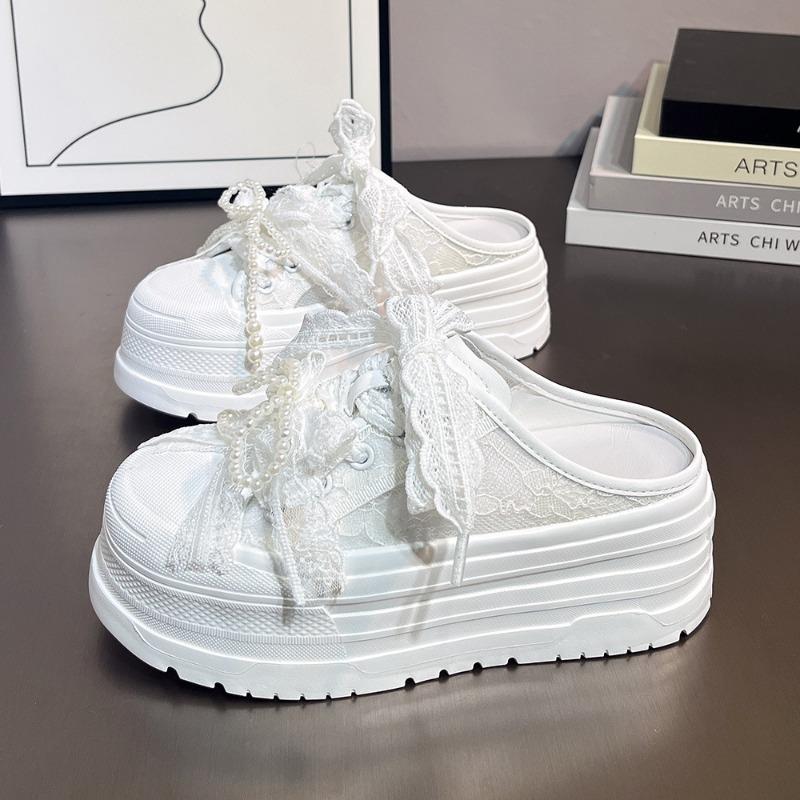 Leather bag head half slippers women's outer wear summer new small thick bottom heightening pearl lace sandals