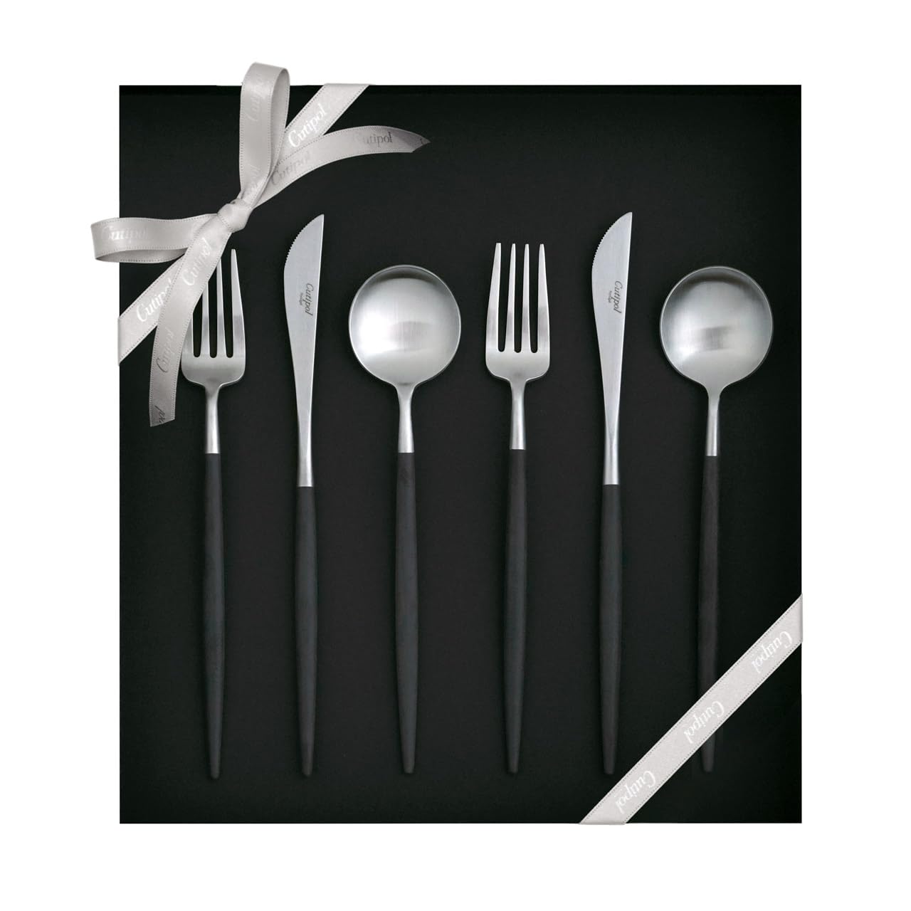 

Genuine Cutipol GOA Silver Dessert Gift Set in Presentation Box with Genuine Ribbon 2 2 Black/Matte 6-piece (2 knives, forks, spoons)