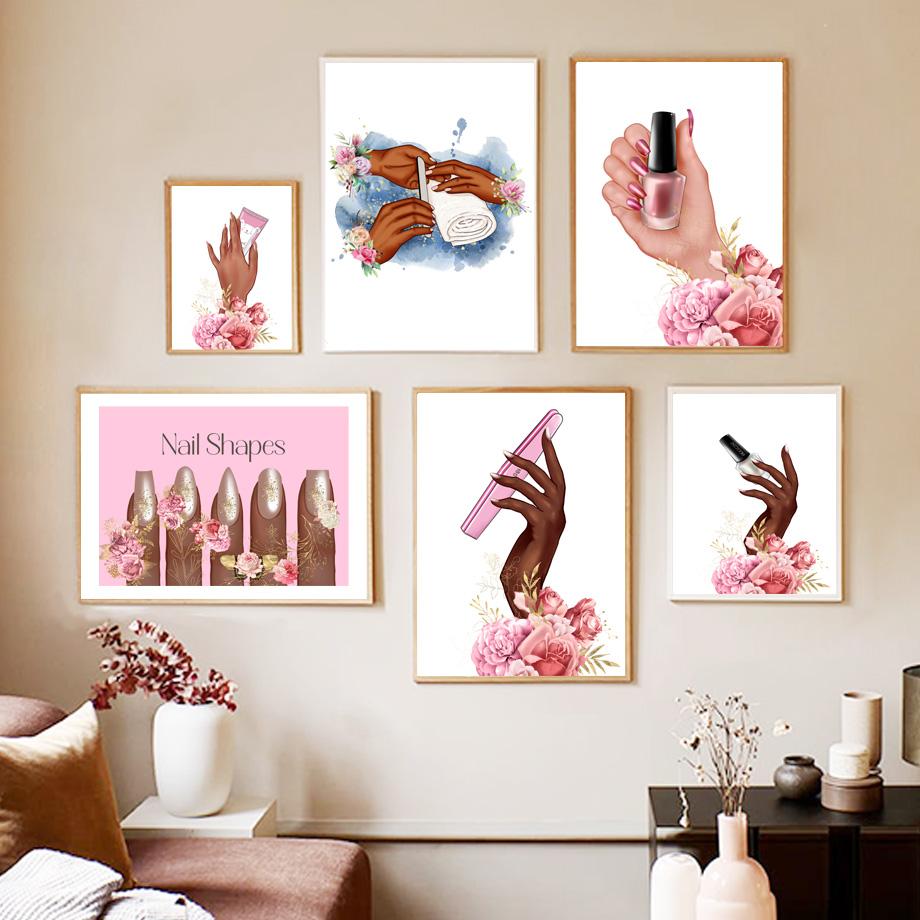 Nail Shapes Girl Hands Flower Nordic Posters And Prints Wall Art Canvas Painting Decor Pictures For Manicure Beauty Salon Room