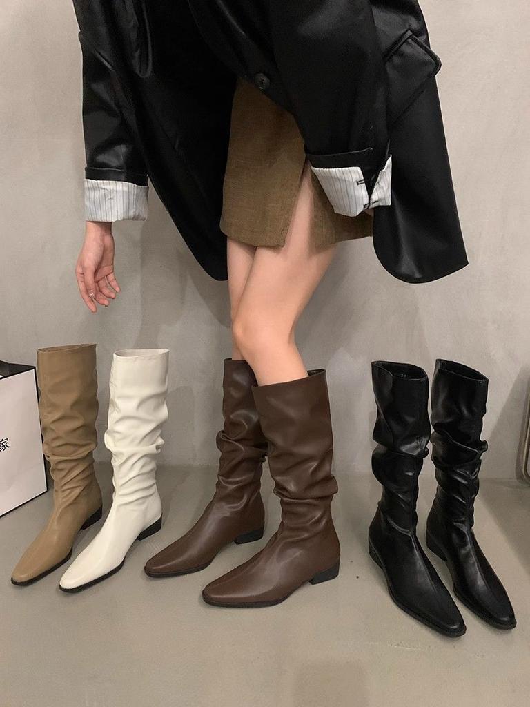 Thick heel pleated long tube knight boots women's shoes 2025 new spring and autumn western thin medium tube long boots