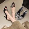 2025 new pointed rhinestones with sandals women's stiletto open-toed black high heels stiletto half slippers outer wear