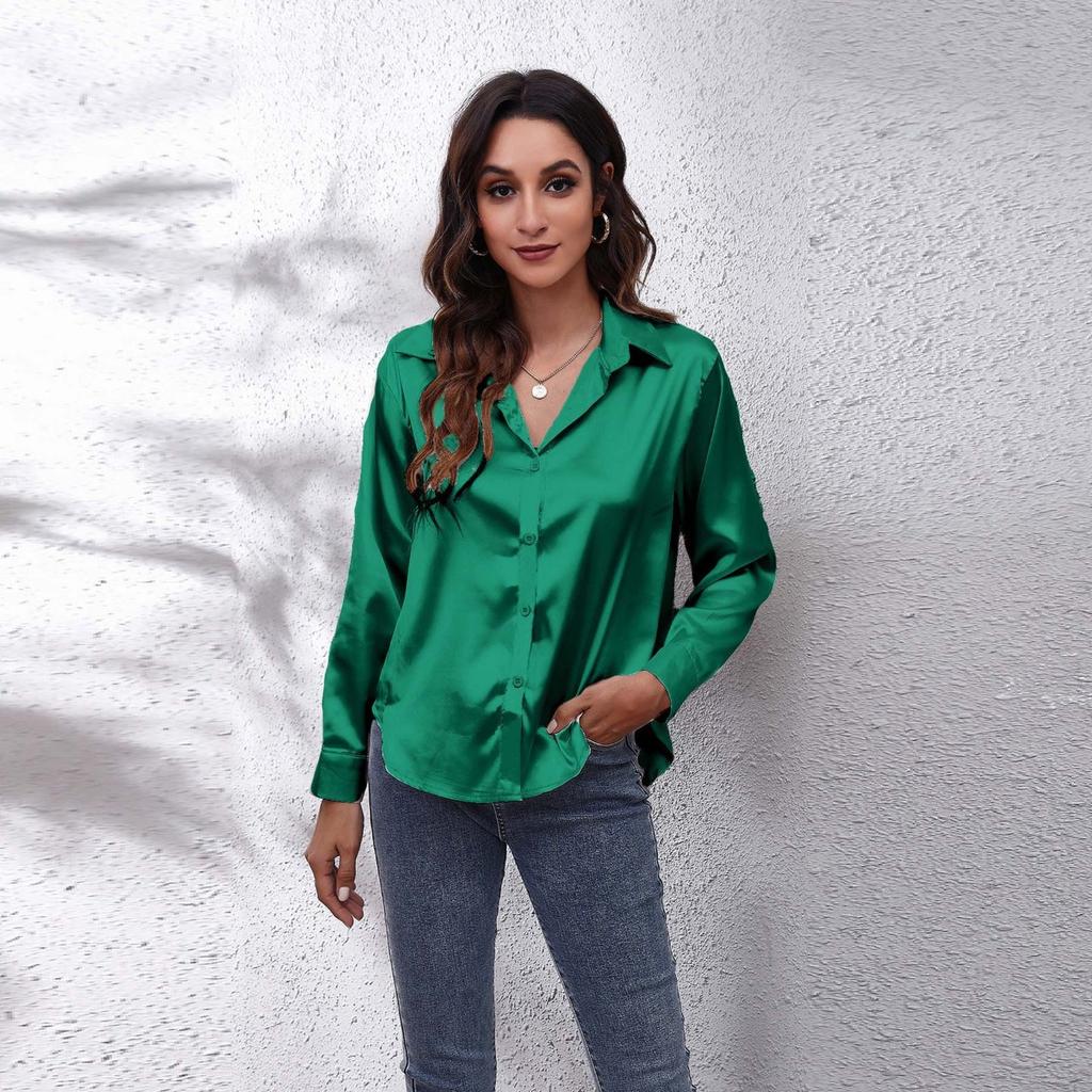 Flip Collar Pleated Long Sleeved Women's Satin Shirt, Elegant and Slim Fit, Suitable for Commuting To Work