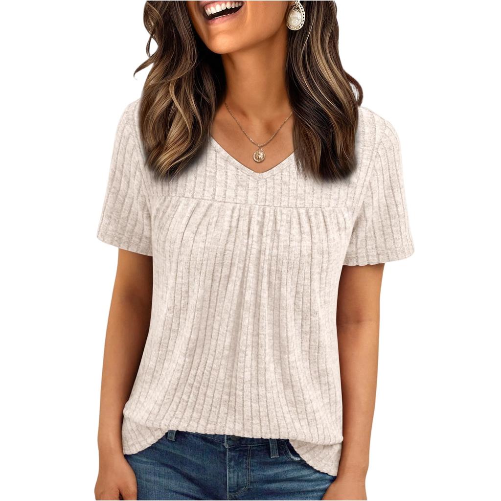 Women's Summer New Short-Sleeve V-Neck T-Shirt Loose Casual Pleated Top