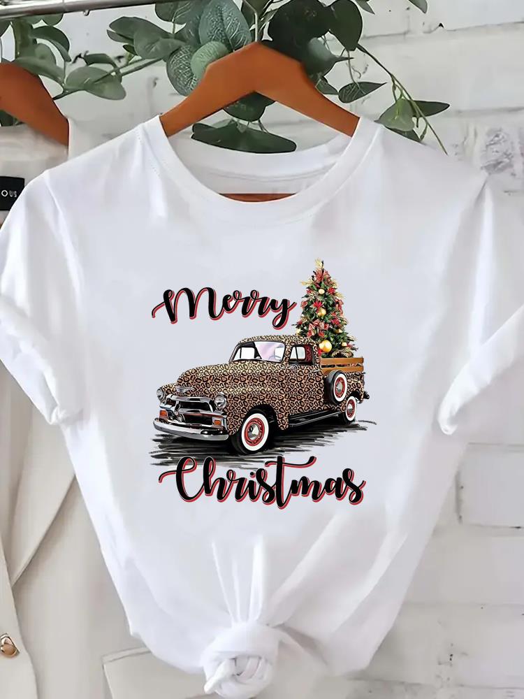 (Asian Size) Watercolor Cute 90s Short Sleeve T-shirts  Print Merry Christmas O-neck Women's Top New Year T Clothing Fashion Holiday Graphic Tee