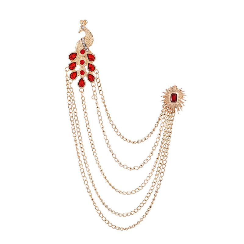 1PC Peacock Suit Accessories Chain Tassel Collar Pins Vintage Men Women Crystal Corsage Brooch Pin