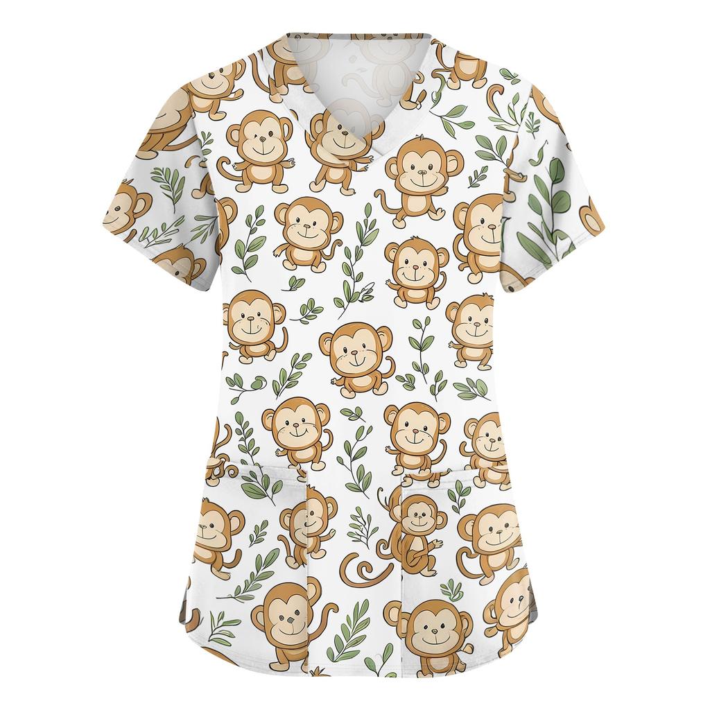 Top da Lavoro da Donna con Scollo a V, Manica Corta, Spacchi Laterali e Tasche, Stampa Animalier, Camice Medico, Vestibilità Comoda