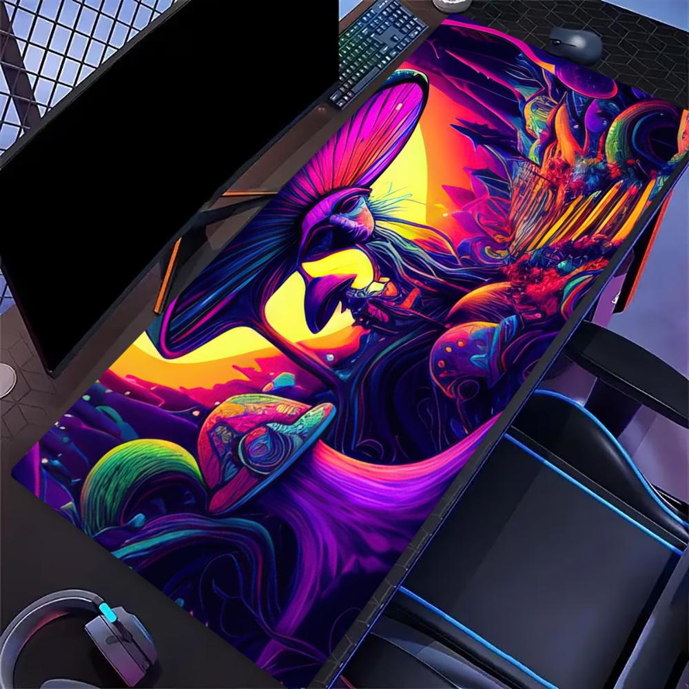 Neon Mushroom Large Desk Mat Non Slip Gaming Mouse Pad Stitched Edge Trippy Forest Keyboard Mat For Pc Laptop Office Stationery