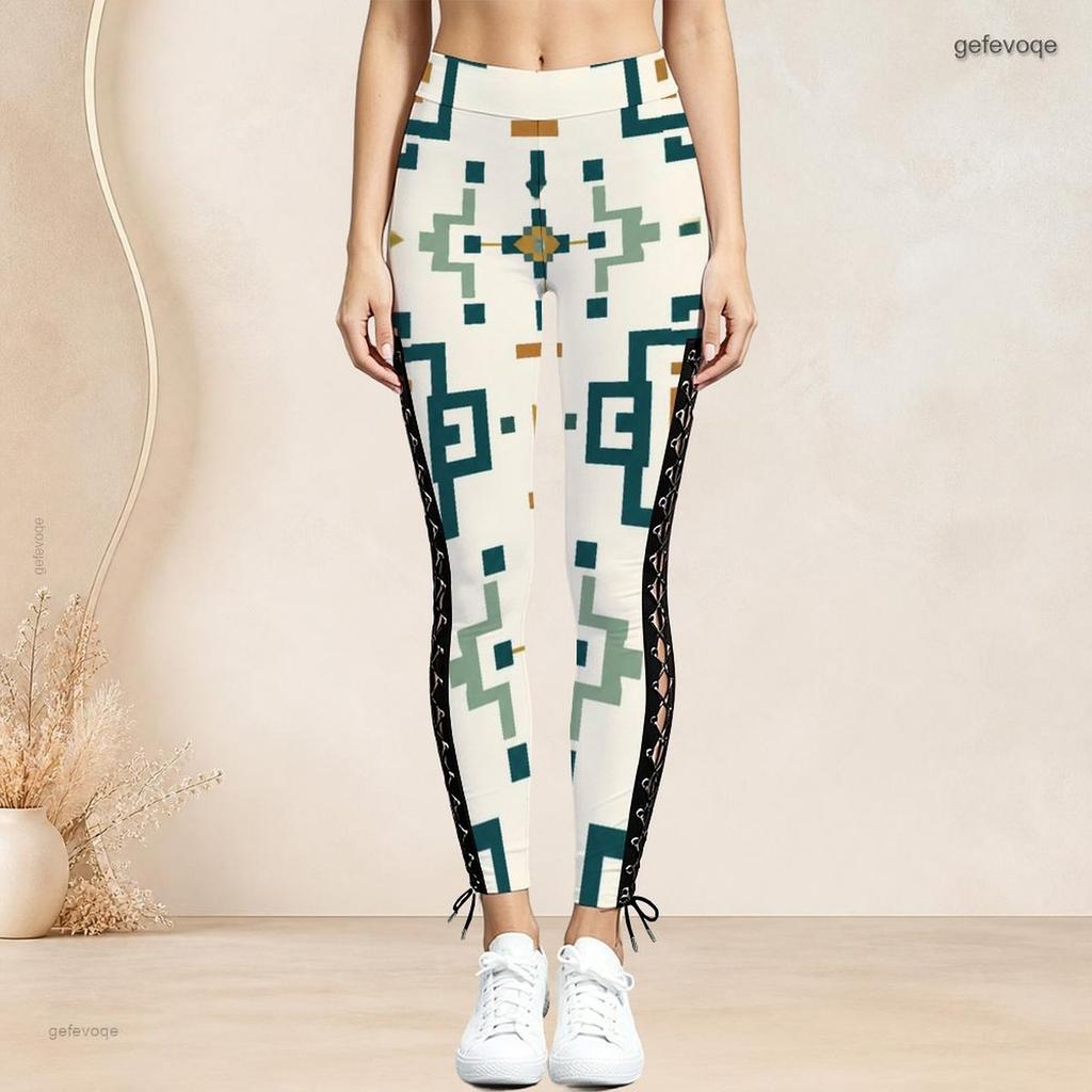 Women Plus Size High Waist Black White Printed Side Eyelet Lace Up Full Length Leggings