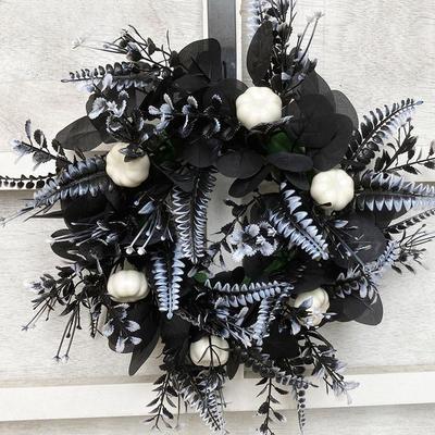 Wieniec Halloweenowy Mały Czarny Ogon Ryby Liście Eukaliptusa Dynia Wiszący Straszna Atmosfera Wystrój Domu