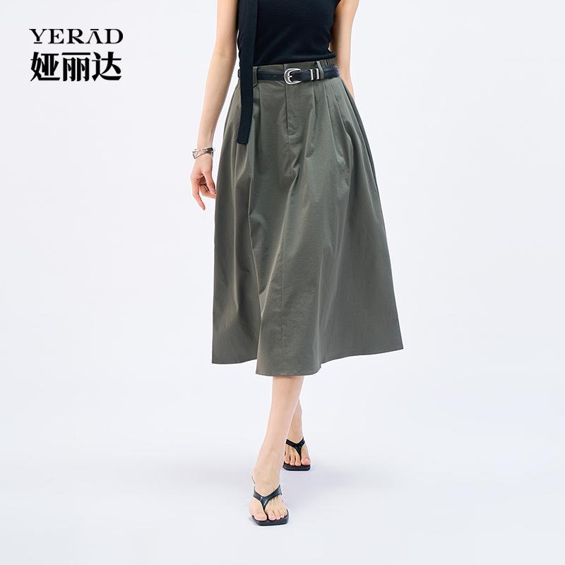 High street casual workwear style half skirt, fashionable pleated high waisted A-line skirt