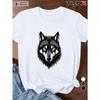 Women's Plus Size Wolf Head Stippling Graphic T-Shirt - Black & White Wolf Face with Black & Grey Tones, Casual Round Neck Short Sleev