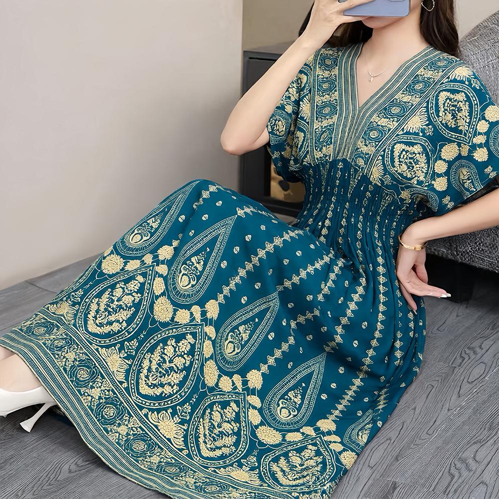 26-Year Floral V-Neck Cotton Silk Batwing Sleeve Beach Dress - Thailand Travel & Vacation Skirt Style