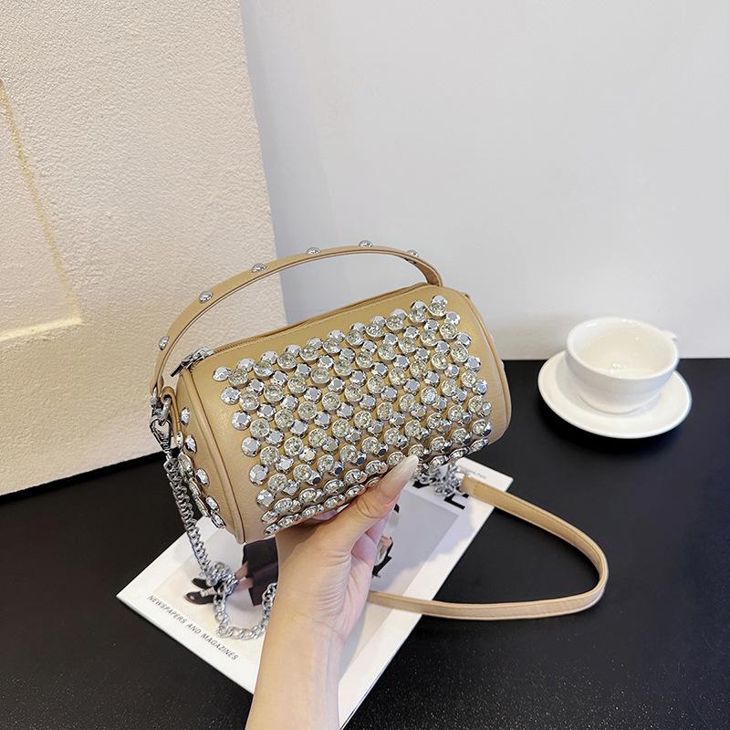Summer niche cylinder portable women's bag 2025 new fashion rivet diamond pillow bag chain shoulder messenger bag