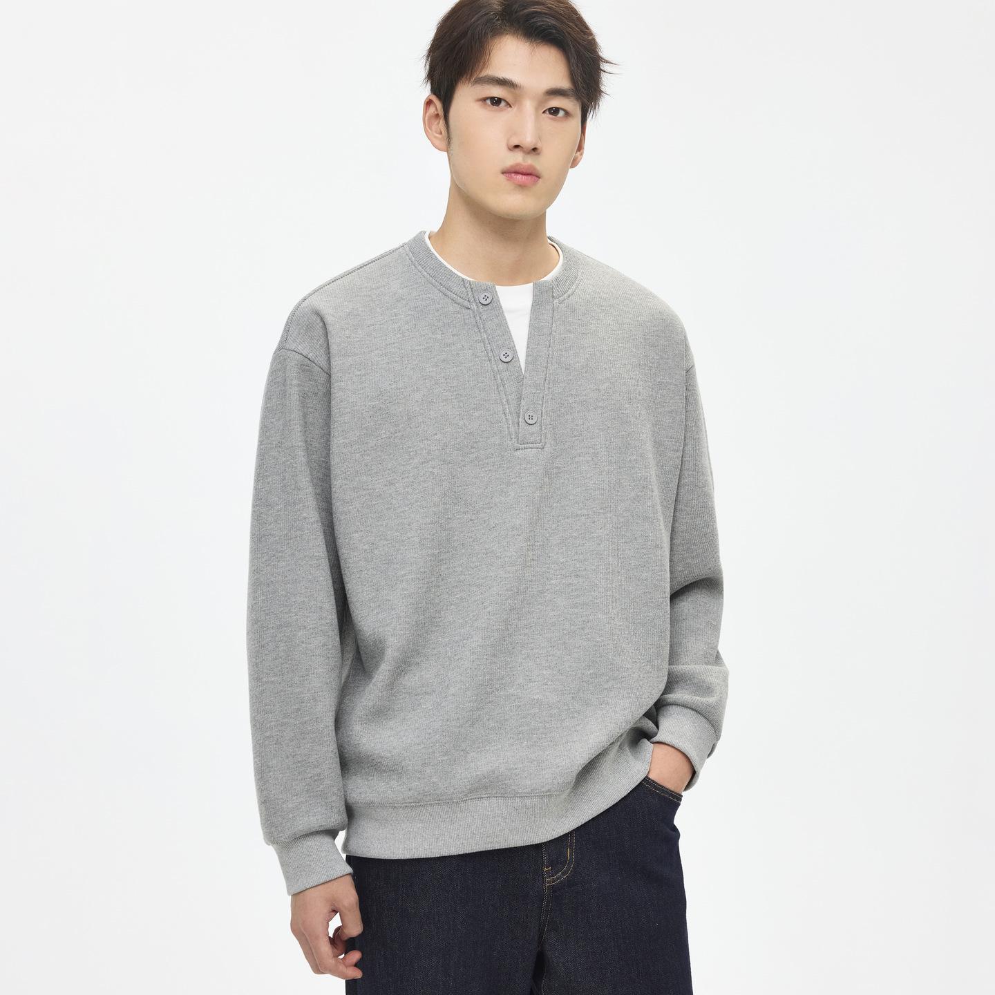 

Winter 2025 Men s Henley Collar Sweatshirt, Faux Two-Piece, Fleece-Lined, Mulberry Silk & Wool Blend, Round Neck, No Hood Medium