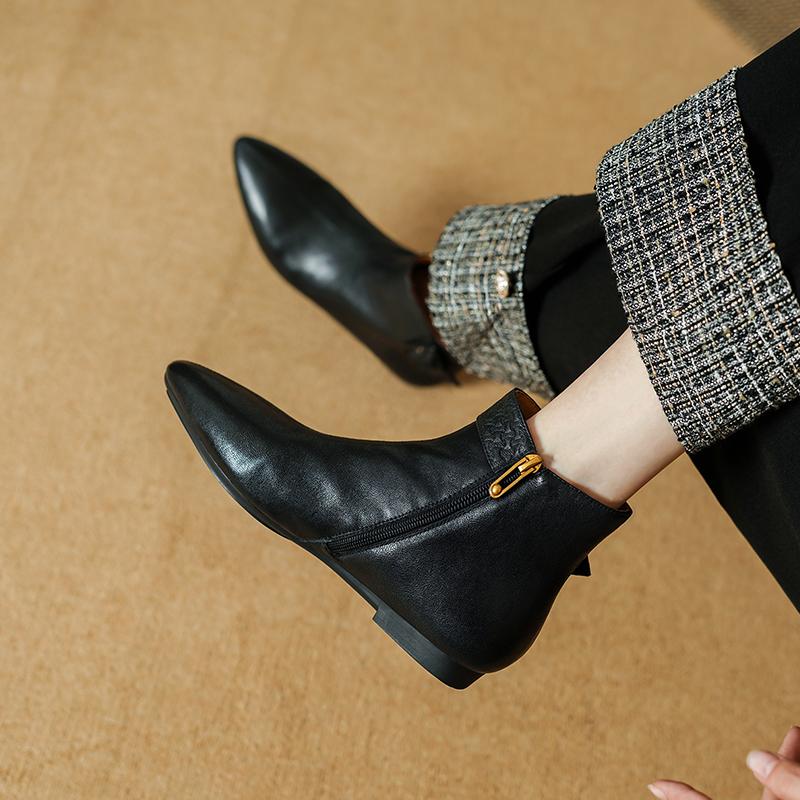 Fashion 2024 New Autumn Women Boots Fashion Chunky Heels Pointed Toe Short Boots Ankle Boots Retro Genuine Leather Ladies Shoes