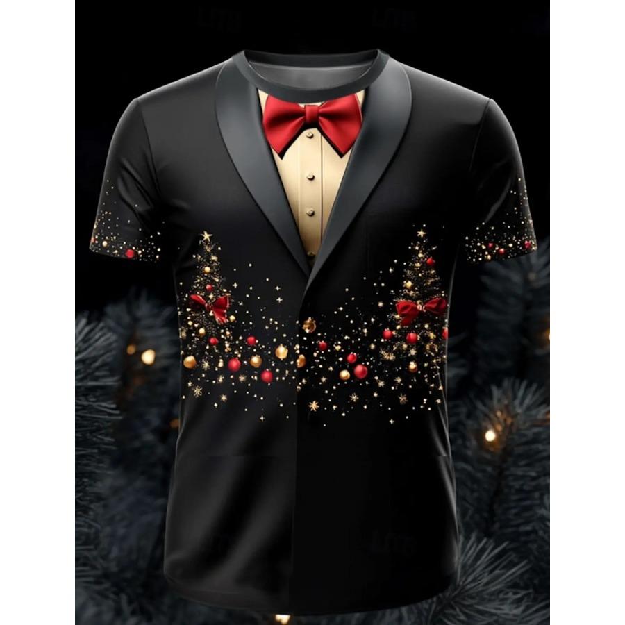Christmas Tree Snowflake Bow Tie Men's 3D Print O-Neck T Shirt Tee Party Casual Christmas Theme T Shirt Short Sleeve Tops