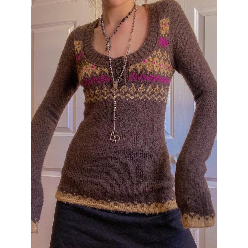Women's Autumn and Winter Slim Bottoming Colour Blocking Round Neck Long Sleeve Knitting Temperament Sweater