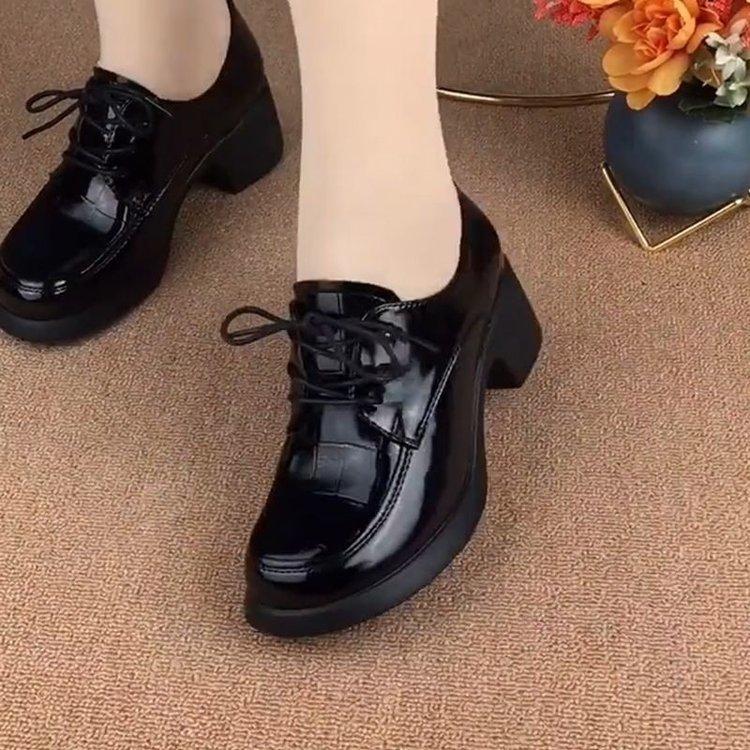 Women's Shoes Mid-heel  Black Soft Leather Deep Mouth Casual Patent Leather Thick Heel Lace-up Loafers
