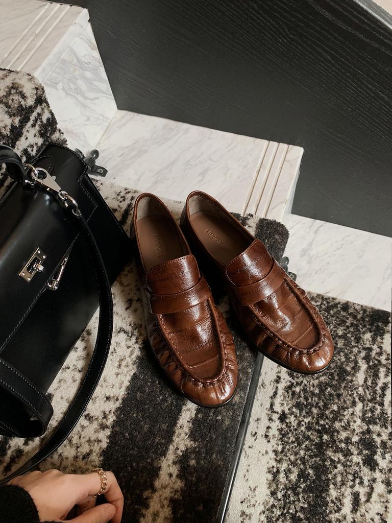 Cowhide~ Grape Mom, the same leather retro pleated loafers, women's thick heels, one pedal, lazy flat-bottomed people's small leather shoes