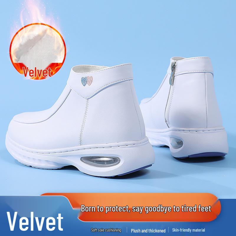 Women's Fleece-Lined Nurse Shoes: Soft Sole, Air Cushion Ankle Boots, Thick Sole, Height-Increasing, Winter Medical Work Shoes.