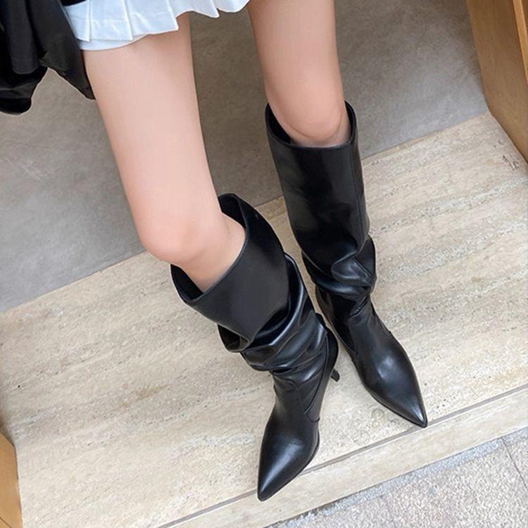 Bottes Femmes Polyvalentes Bottes White Knight Pointues Hauts Talons Fins Style Étranger Mais Bottes Hautes Bottes Hautes Talons Fins Emballées