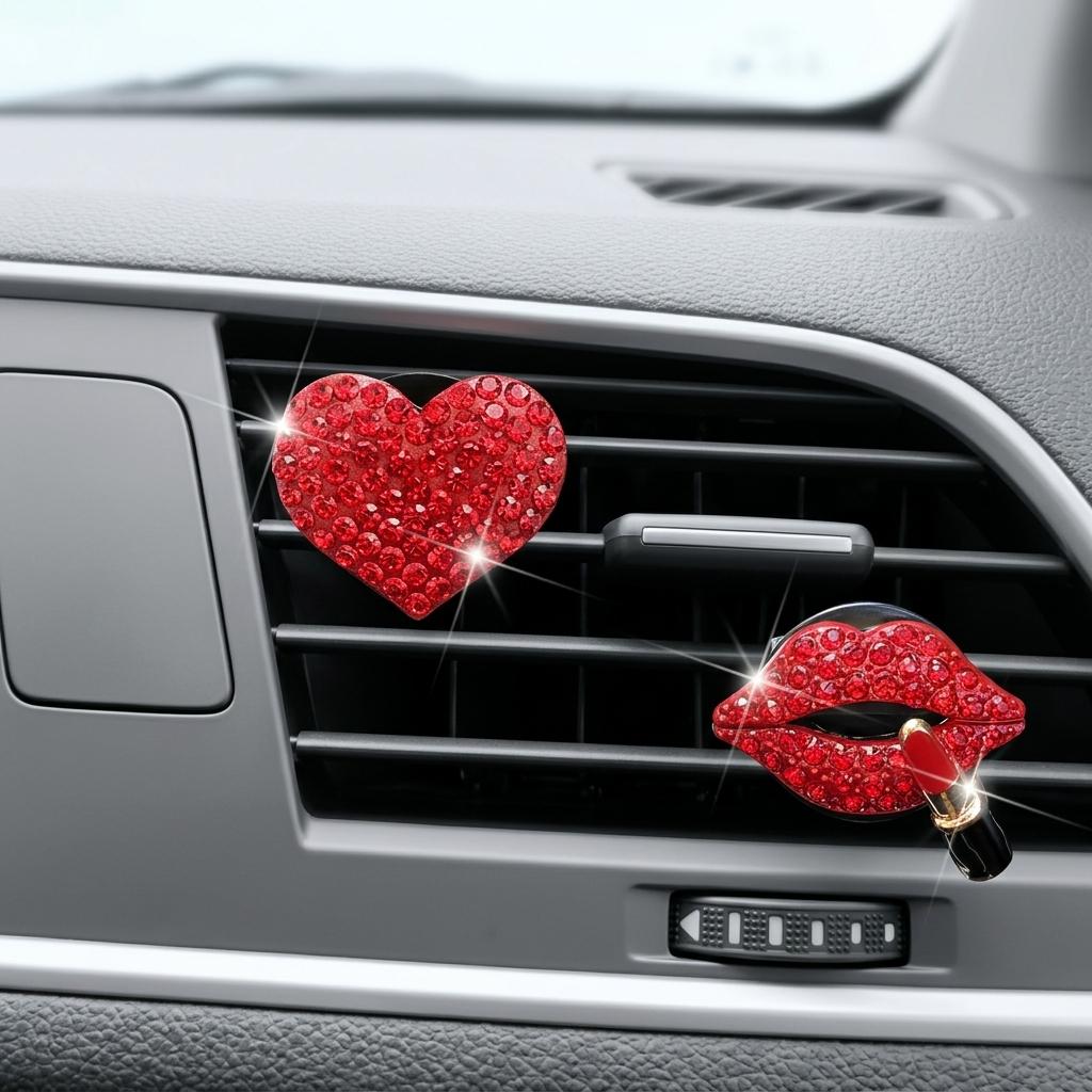 Car Vent Heart Shaped Rhinestone Aroma Diffuser Clip Decorative Accessories For Vehicles Red Heart Red Lip