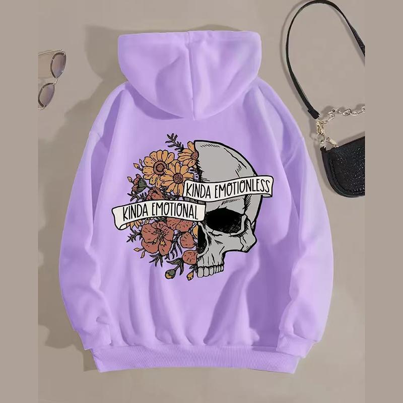 Ladies Spring Autumn Casual Hooded Long Sleeve Big Pocket Halloween Skull Flower Printed Pullover Hoodies Sweatshirt Top