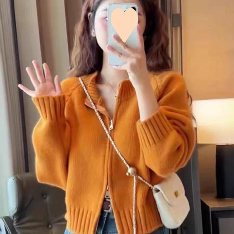 Women's 2026 Korean Style Double Zipper Fluffy Knit Cardigan - Solid Color Round Neck Autumn/Winter Outerwear