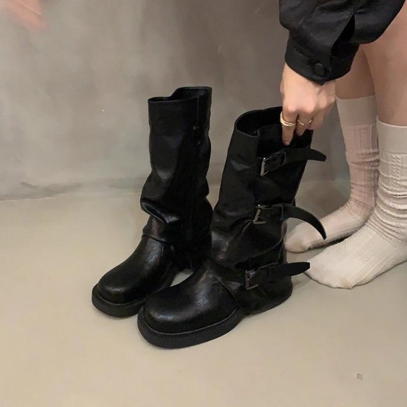 Fashion New Style Women's Hot Sale Knee High Heels Low Heels Trend Punk Goth Rock Leather Fashionable Women Boots Motorcycle Shoes Boots