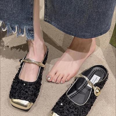 Flat-bottomed Temperament Sandals Skirt Cool Slippers Women's Sequins Heel Bag Head Mary Jane Half Slippers Low New Style with Fashion