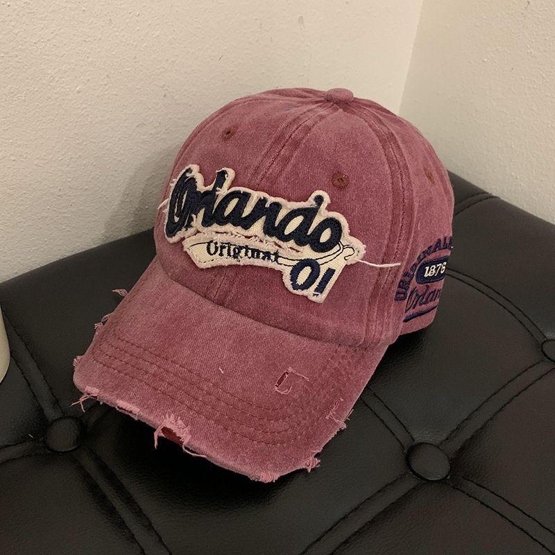

American Retro Distressed Baseball Cap Women s Big Head Circumference Water Washed Hole Denim Wide Brim Peaked Cap Face-Showing Small Hat Burgundy Adjustable