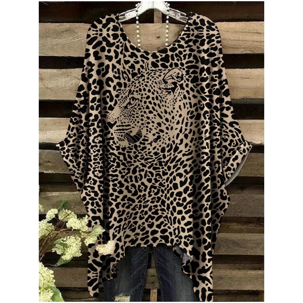 2026 Nueva Camiseta de Mujer Moda Leopardo Estampado 3D Tops Verano Sexy Cuello Redondo Manga Corta Camiseta Calle Casual Holgada Ropa de Mujer