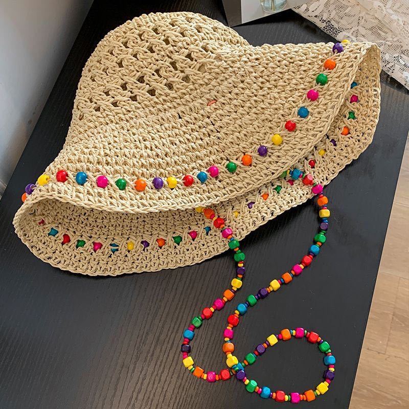 Summer colored wood beads Yafeng straw hat sunscreen 2025 new seaside sunshade brim bucket hat foldable